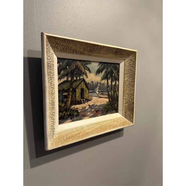 Traditional Vintage Mid-Century Signed Coastal Oil Painting With Palm Trees & Chickens For Sale - Image 3 of 15