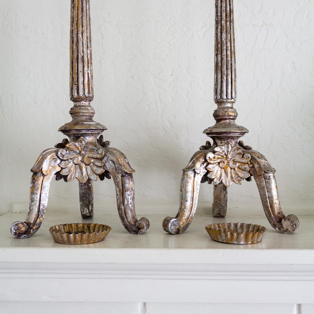 Silvered Giltwood Italian Baroque Altar Prickets Candle Stands 18th Century For Sale - Image 13 of 15