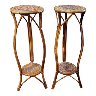 Vintage Tall Rattan/Bamboo/Wicker Double Plant Stands - a Pair For Sale