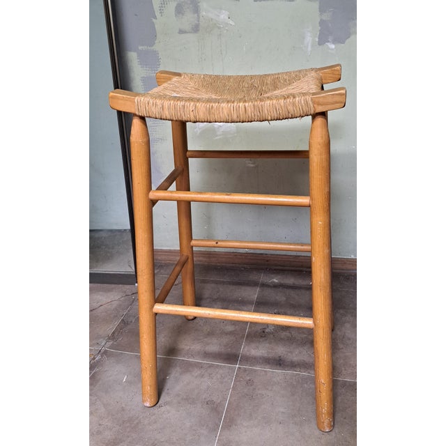 midcentury 1960s tall birch wood rush weaved table, island tall rush stool, styled sheer Charlotte Perriand, normal use...