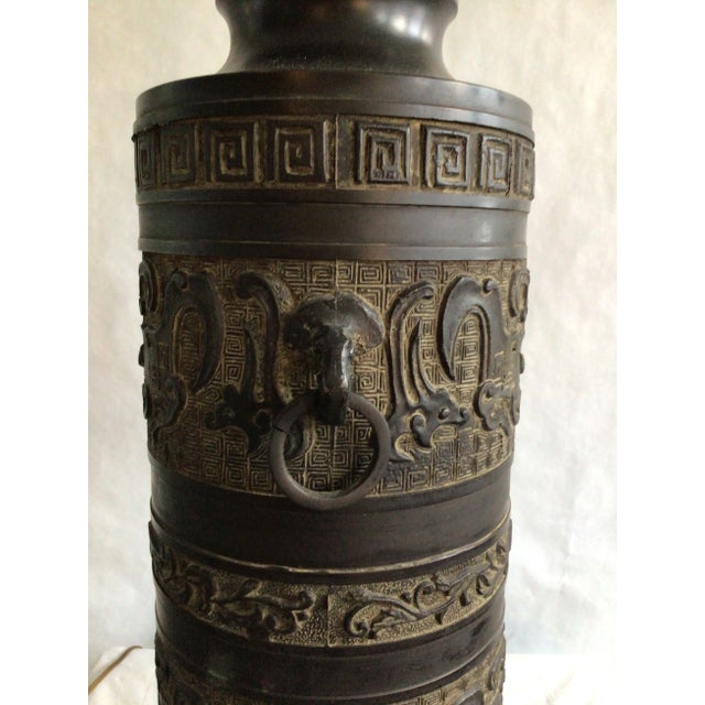 Metal 1940s Metal Table Lamp James Mont Style With Ring Handles and Greek Key Motif For Sale - Image 7 of 9