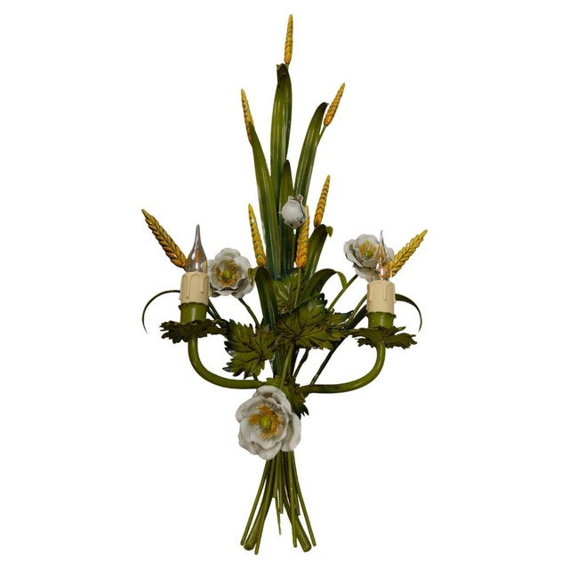 Italian Toleware White Poppy and Wheat Green Floral Bouquet Two-Light Sconce, 1960s For Sale - Image 18 of 18
