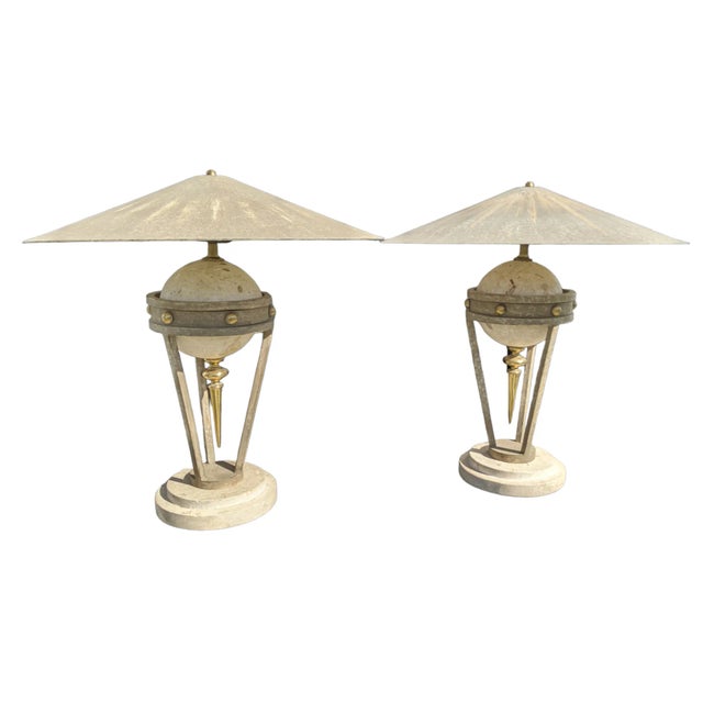 Vintage Postmodern Travertine Orb and Brass Spike Lamps by Michael Taylor - a Pair For Sale - Image 9 of 12