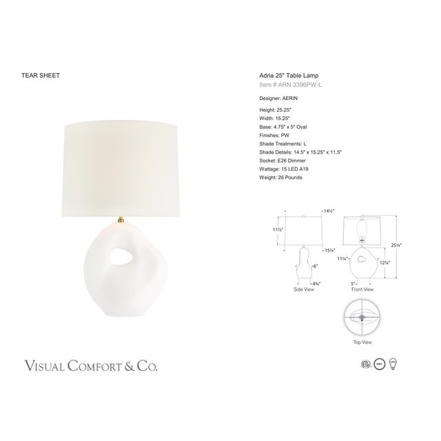 AERIN by Visual Comfort Signature Adria 25" Table Lamp in Plaster White with Linen Shade Designer: AERIN Height: 25.25"...