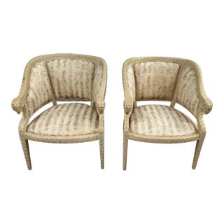 1980s Vintage Sculpted Ram's Head Wood Club Barrel Chairs - Set of 2 For Sale