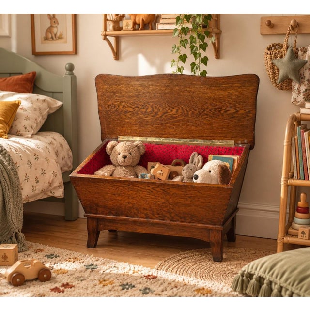 Arts and Crafts English Oak Chest with Saber Legs and Red Lining, 1890s For Sale - Image 3 of 6