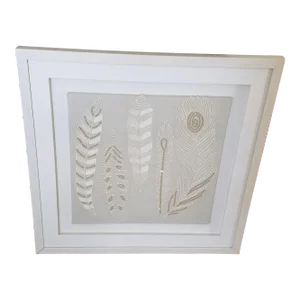 1980s White and Ivory Handmade Framed Crewel Embroidered Picture on Linen of Feathers