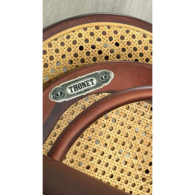 Metal Bentwood Stools 214 with Viennese Wickerwork on Brown Wood by Thonet Brothers for Thonet, 1981, Set of 2 For Sale - Image 7 of 18