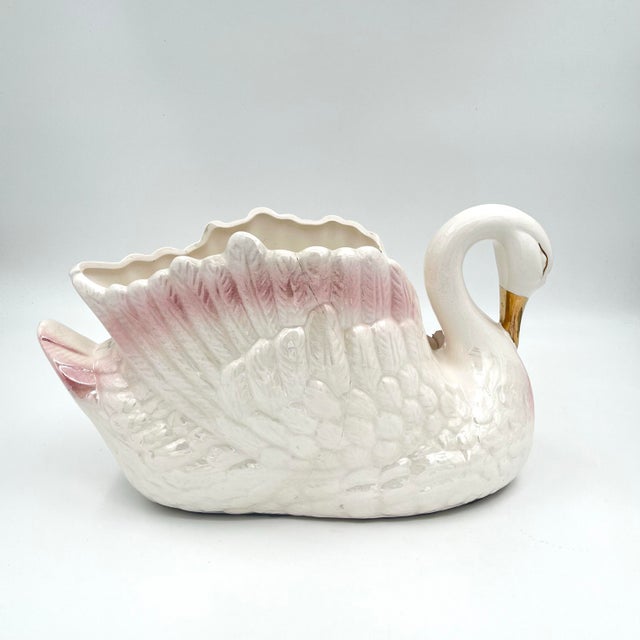 Mid 20th Century Vintage Pink and Gold Lusterware Ceramic Large Swan Planter Centerpiece For Sale - Image 5 of 11