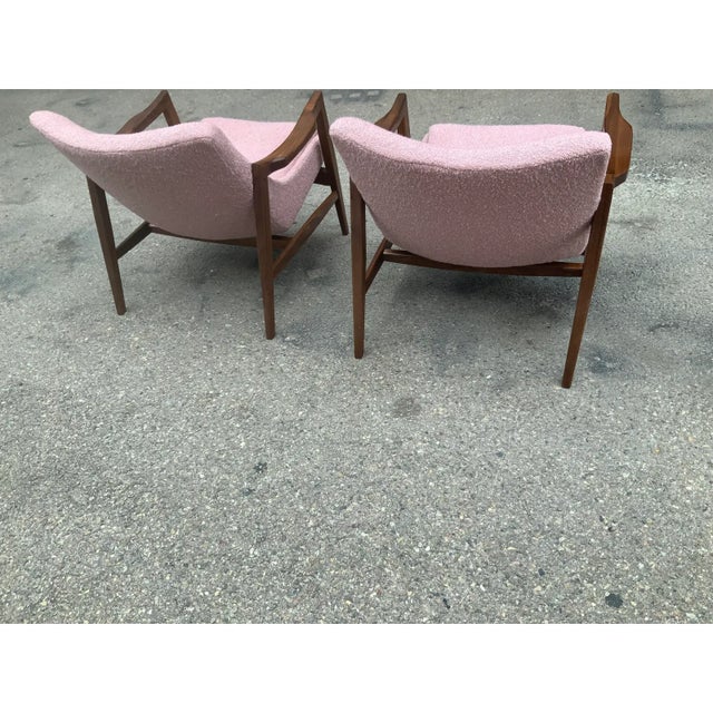 Modern Mid Century Style Lounge Chairs Solid Walnut Frames Pink Boucle For Sale - Image 4 of 8