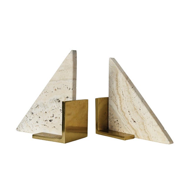 Brand new, special order item. Not vintage. The Trio Travertine marble and brass based bookends embody both an organic and...