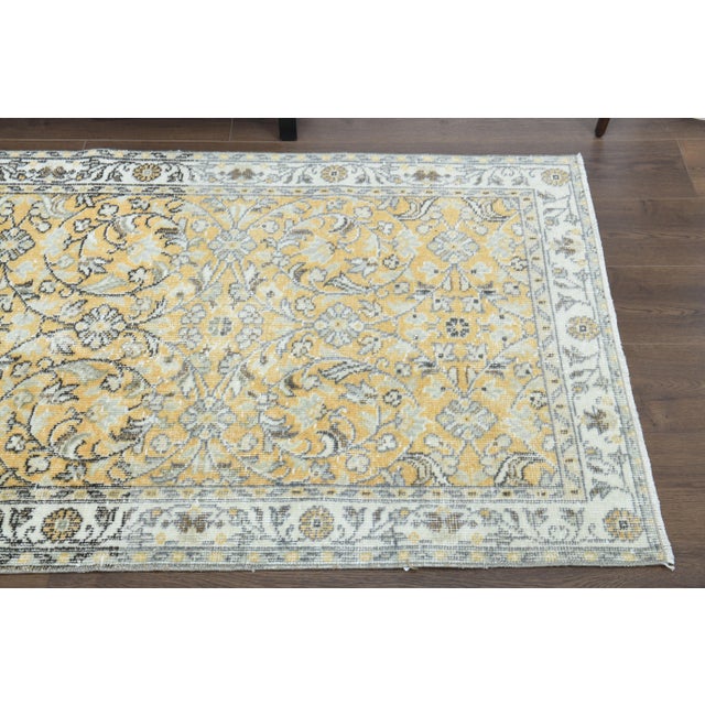Vintage Turkish Oushak Handmade Wool Cotton Yellow Runner Rug For Sale - Image 10 of 11