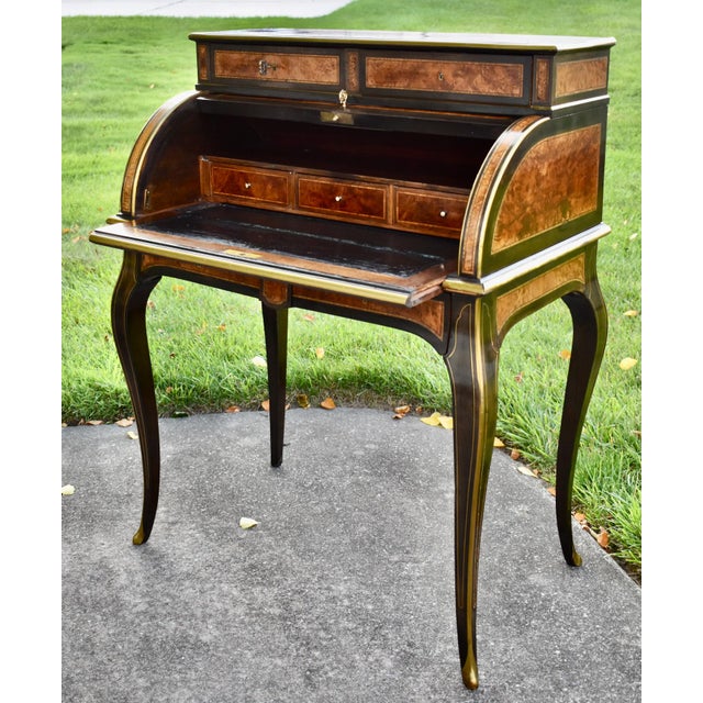 Antique French Walnut Desk Burl Brass Inlay Cylinder Roll Style Bureau Ormolu For Sale - Image 13 of 16