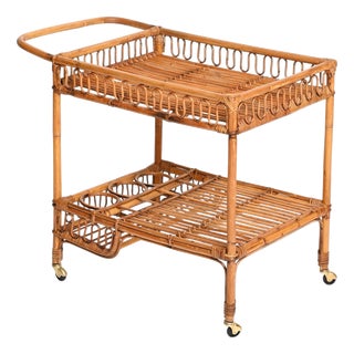 Vintage Italian Rattan and Wicker Serving Bar Cart by Franco Albini, Italy, 1960s For Sale