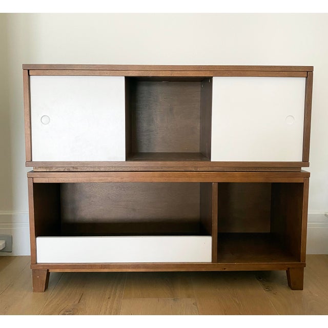 Crate & Barrel MidCentury Modern Style Walnut Toy Box and Book Shelf