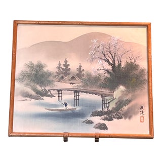 Mid 20th Century Japanese Silk Painting Signed Kasen Vintage Cherry Blossom River Landscape 17x15 For Sale