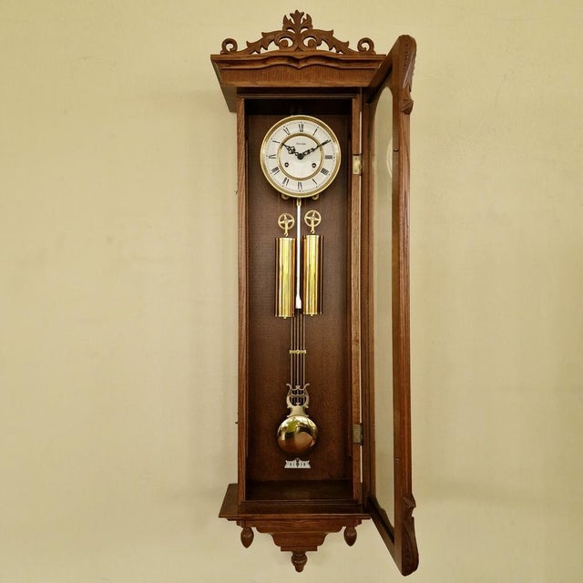 Wood German Wall Clock Hermle For Sale - Image 7 of 13