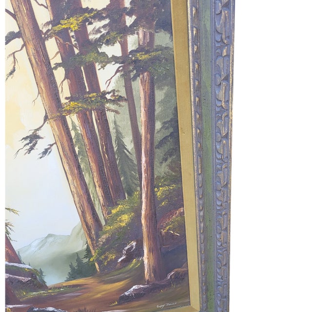 Wood Signed Gerry Downs Oil Painting Feat Redwood Forest Landscape in Carved Wood Frame For Sale - Image 7 of 12