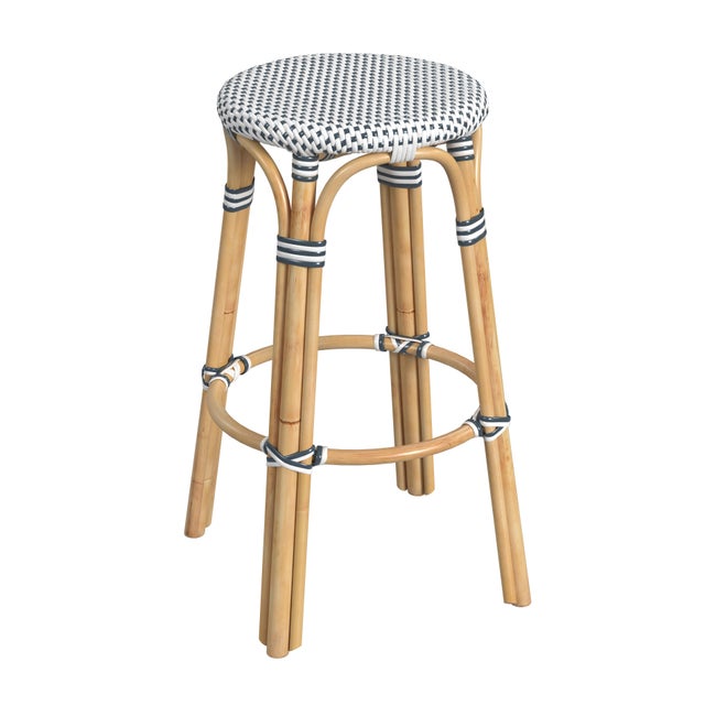 Blue Tobias 30 in. Seat Height Round Rattan Backless Bar Stool, White/Navy Dot / Natural Rattan Frame For Sale - Image 8 of 8