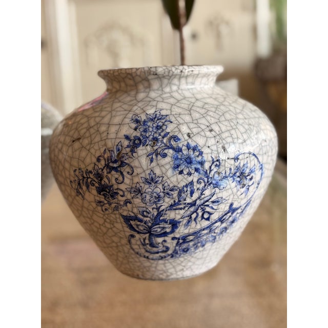 French Vintage Large French Clay Crackle Glaze Set of 2 Pots Urn Vase For Sale - Image 3 of 16