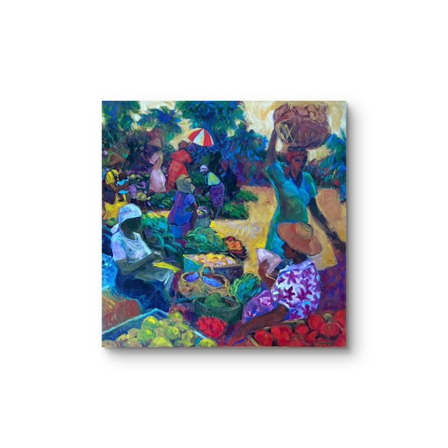 Figurative Joan Hopkins Titled Saturday Market Oil Painting on Canvas 30” X 30” For Sale - Image 3 of 5