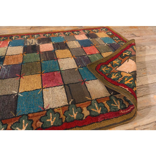 1880s Antique Multicolor Folk Art Checkerboard "X" Motif American Hooked Rug For Sale - Image 4 of 8