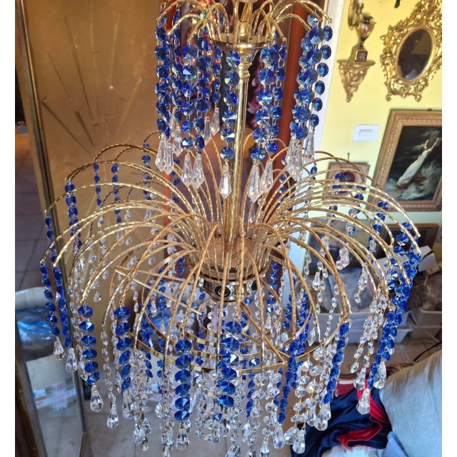 1960's Hollywood Regency Sapphire Blue & Clear Cut Austrian Crystal Gold Waterfall Tiered Chandelier Attrib. Palwa For Sale - Image 10 of 18