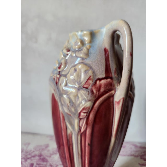 Ceramic Art Nouveau Burgundy Barbotine Vase with Floral Relief, 1900s For Sale - Image 7 of 16