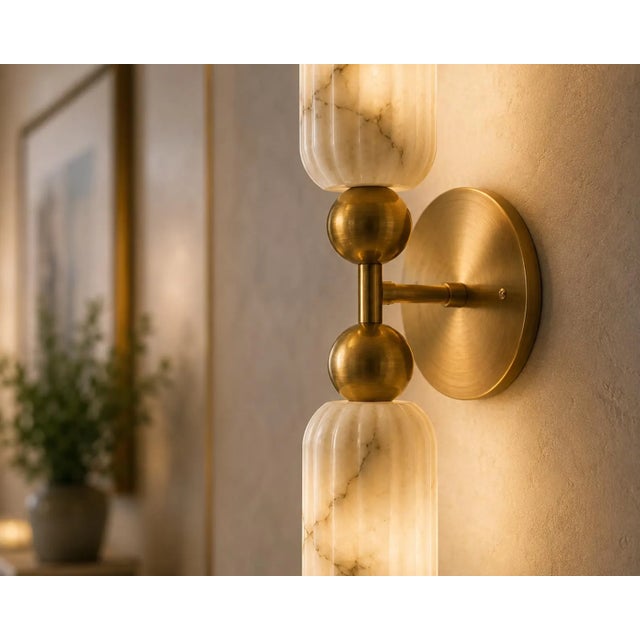 Alabaster Luxury Alabaster Wall Sconce Set of 2, Handcrafted Solid Brass Double Cylinder Wall Sconce, Italian Marble Wall Lamp, Brass Double Light Fixture For Sale - Image 8 of 10