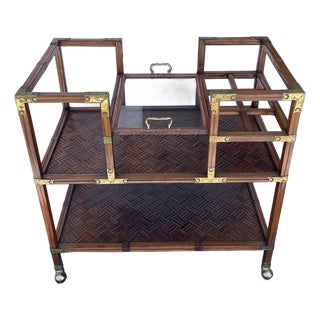 Vintage Korean Campaign Style Bar Cart With Brass Mounts & Parquet Shelves Georgian Furnishing Co. For Sale