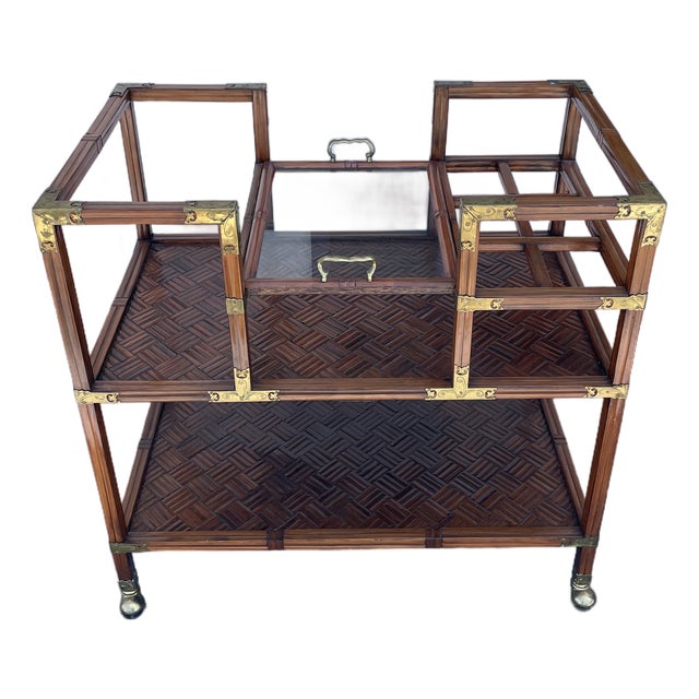 Vintage Korean Campaign Style Bar Cart With Brass Mounts & Parquet Shelves Georgian Furnishing Co. For Sale