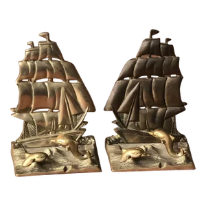 1960s Sailing Ship Bookends in Brass-a Pair