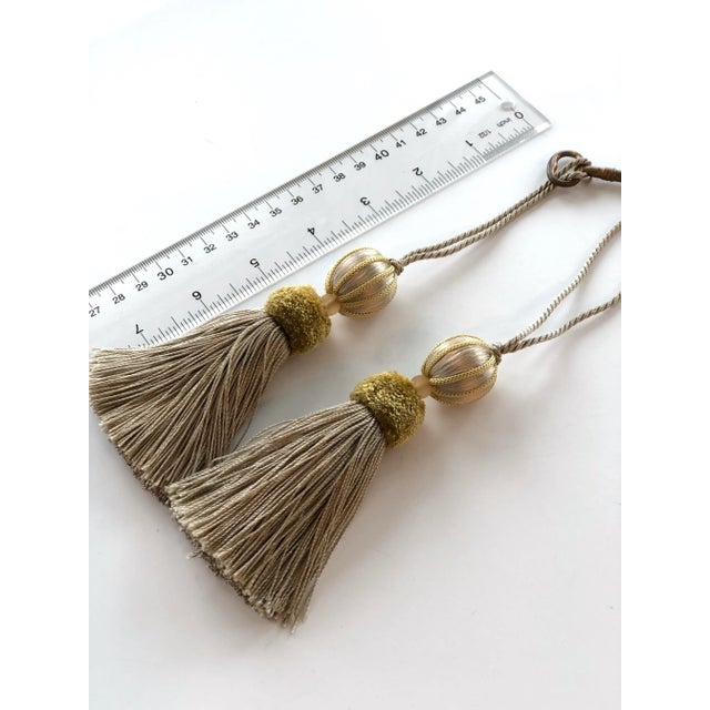 Art Deco Pair of Satin Beaded Key Tassels in Antique Mineral Color With Cut Velvet Ruche For Sale - Image 3 of 13