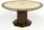 Elegant travertine and burl walnut game table by John Widdicomb. Octagonal base is banded with brass and veneered with...