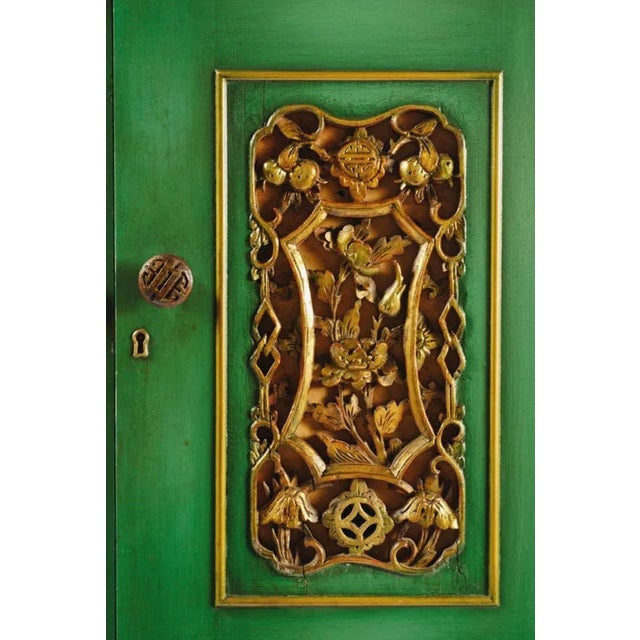 Emerald Green Chinese Cabinet Inset With Gilt Vintage Panels For Sale In Chicago - Image 6 of 11