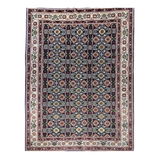 Vintage Persian Tabriz Afshan Rug, Handwoven Geometric Caucasian Pattern, Navy & Ivory, 7’ X 10’ For Sale