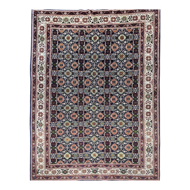 Vintage Persian Tabriz Afshan Rug, Handwoven Geometric Caucasian Pattern, Navy & Ivory, 7’ X 10’ For Sale