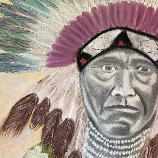 Folk Art Original Folk Art Pastel Drawing of an Indian Chief For Sale - Image 3 of 7