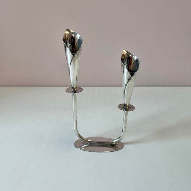 Silver Pair of Mid-Century Danish Silver Plated Calla Lily Candlestick Holders by Hans Jensen For Sale - Image 8 of 9
