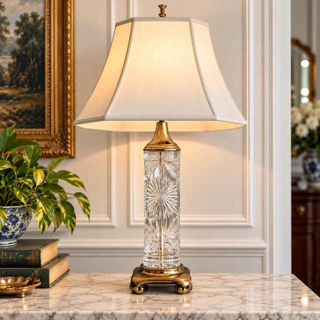 A striking mid-20th-century signed Dresden cut crystal and brass table lamp, featuring a substantial cylindrical crystal...