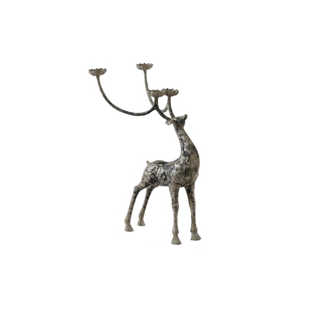 Bronze Holiday Reindeer Candle Holder with Silver Inlay, Handmade by local artists with perfect distressed. Vintage style...