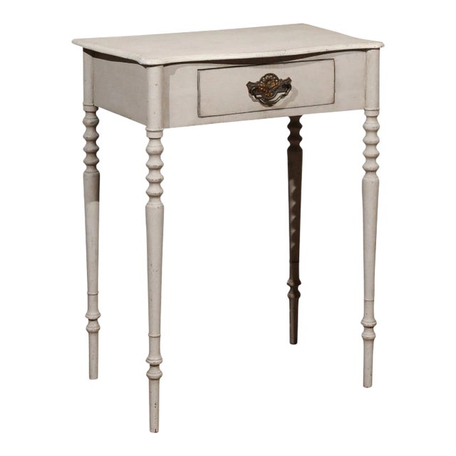Mid 19th Century Swedish Painted Side Table with Single Drawer, Turned Legs and Serpentine Front For Sale