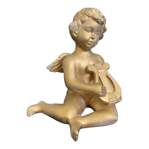 Vintage Gold Sitting Cherub With Lyre Harp