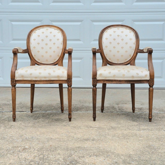 Wood 1990s Century Furniture Louis XVI Oak Open Arm Chairs Fauteuils for Reupholstery, a Pair For Sale - Image 7 of 12