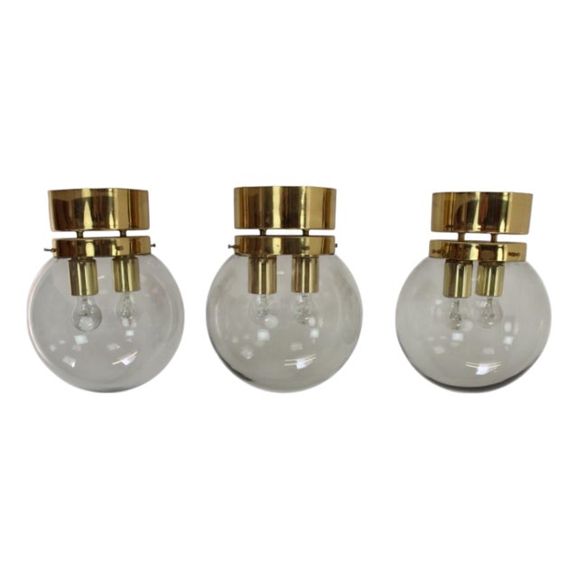 Large Czech Smoky Glass and Brass Ceiling Lights from Kamenický Šenov, 1970s, Set of 3 For Sale
