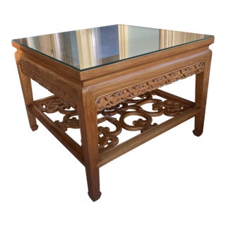 Late 20th Century Asian-Style Carved Wood Coffee Table With Glass Top For Sale