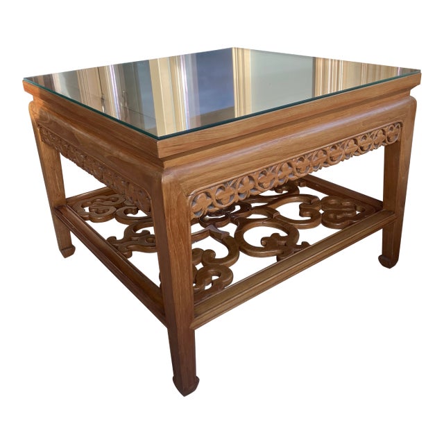 Late 20th Century Asian-Style Carved Wood Coffee Table With Glass Top For Sale