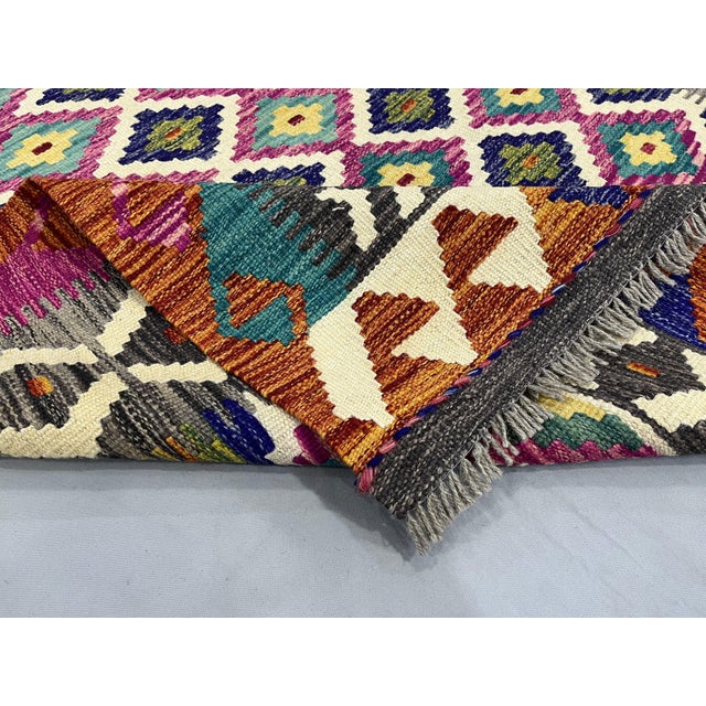 4'2" X 5'10" Multicolor Afghan Chobi Geometric Wool Flatweave Kilim Rug For Sale - Image 13 of 16