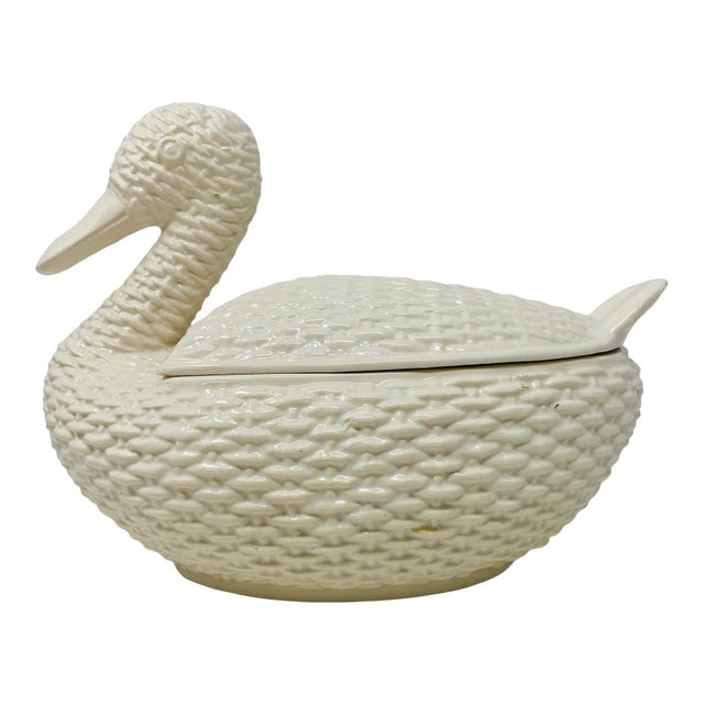 Mid-20th Century White Majolica Faux Wicker Duck Tureen With Lid For Sale