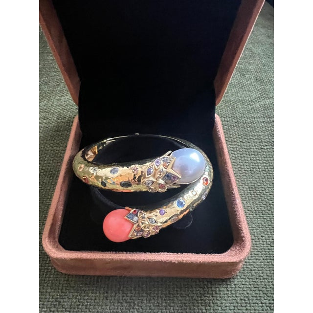 Bochic “Orient” Sapphire, Coral & South Sea Pearl Bangle Set 18K & Silver For Sale - Image 9 of 12